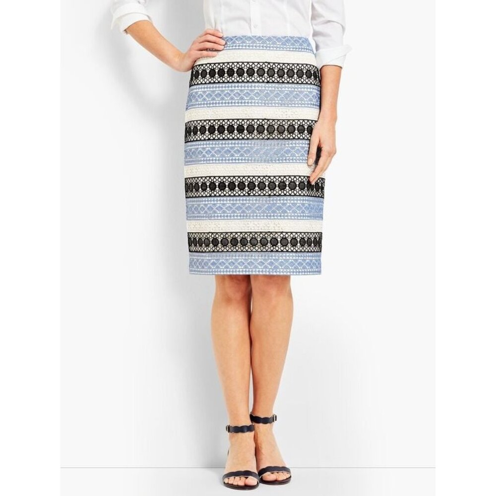 Talbots Lace Stripe‎ Pencil Skirt Blue Schiffli Embroidered Lined Size 14 Spring